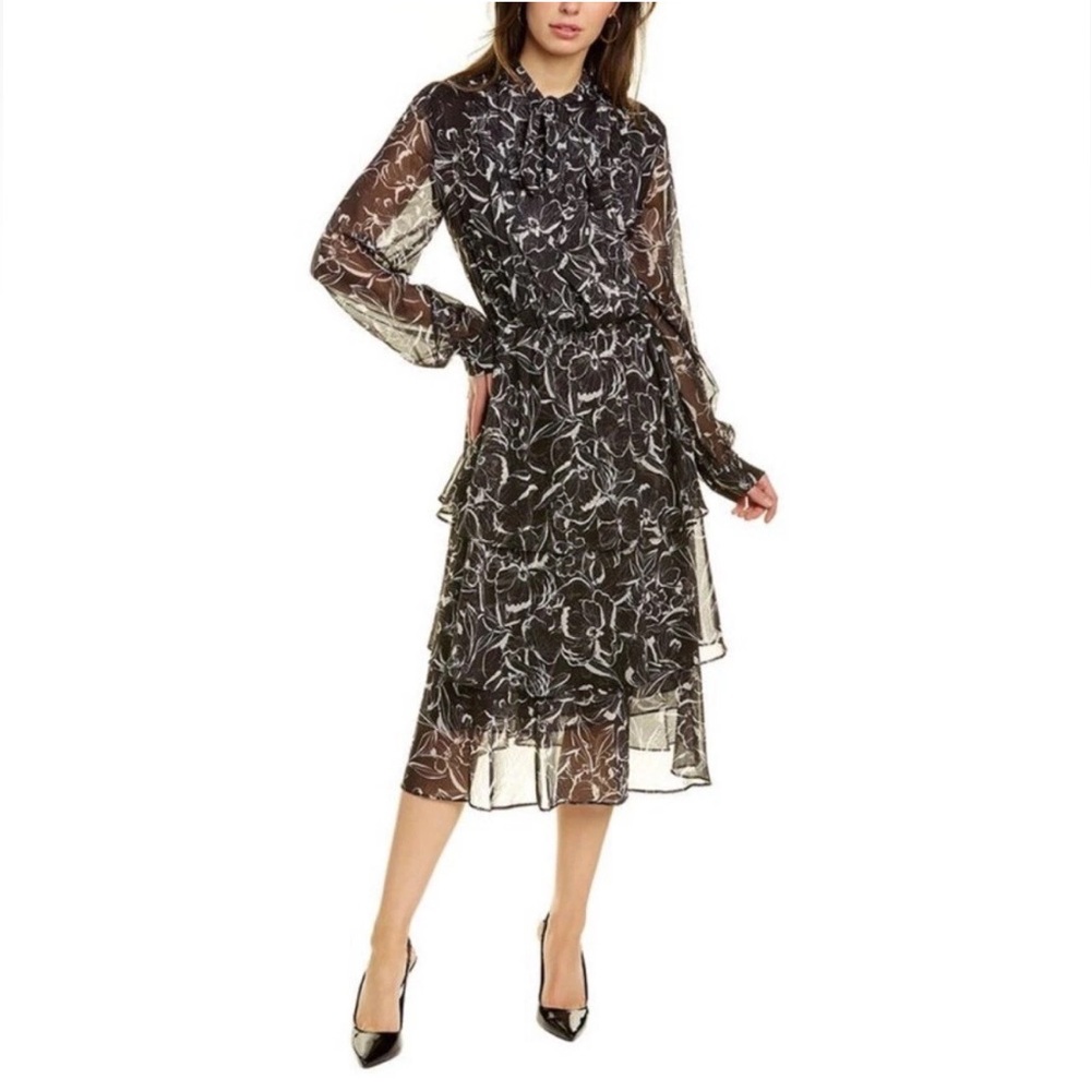 Sachin & Babi Chrissy Black Floral Midi Dress Ruffle Fancy Formal Party Size 4